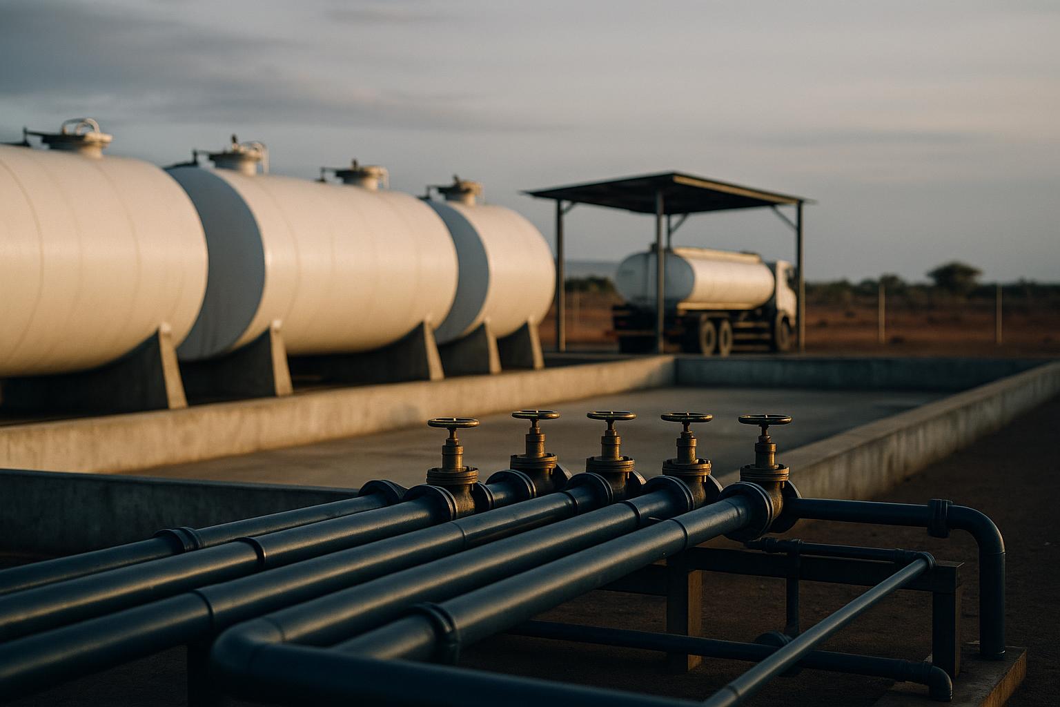 Fuel storage tanks and a pipe manifold in a bunded depot yard
